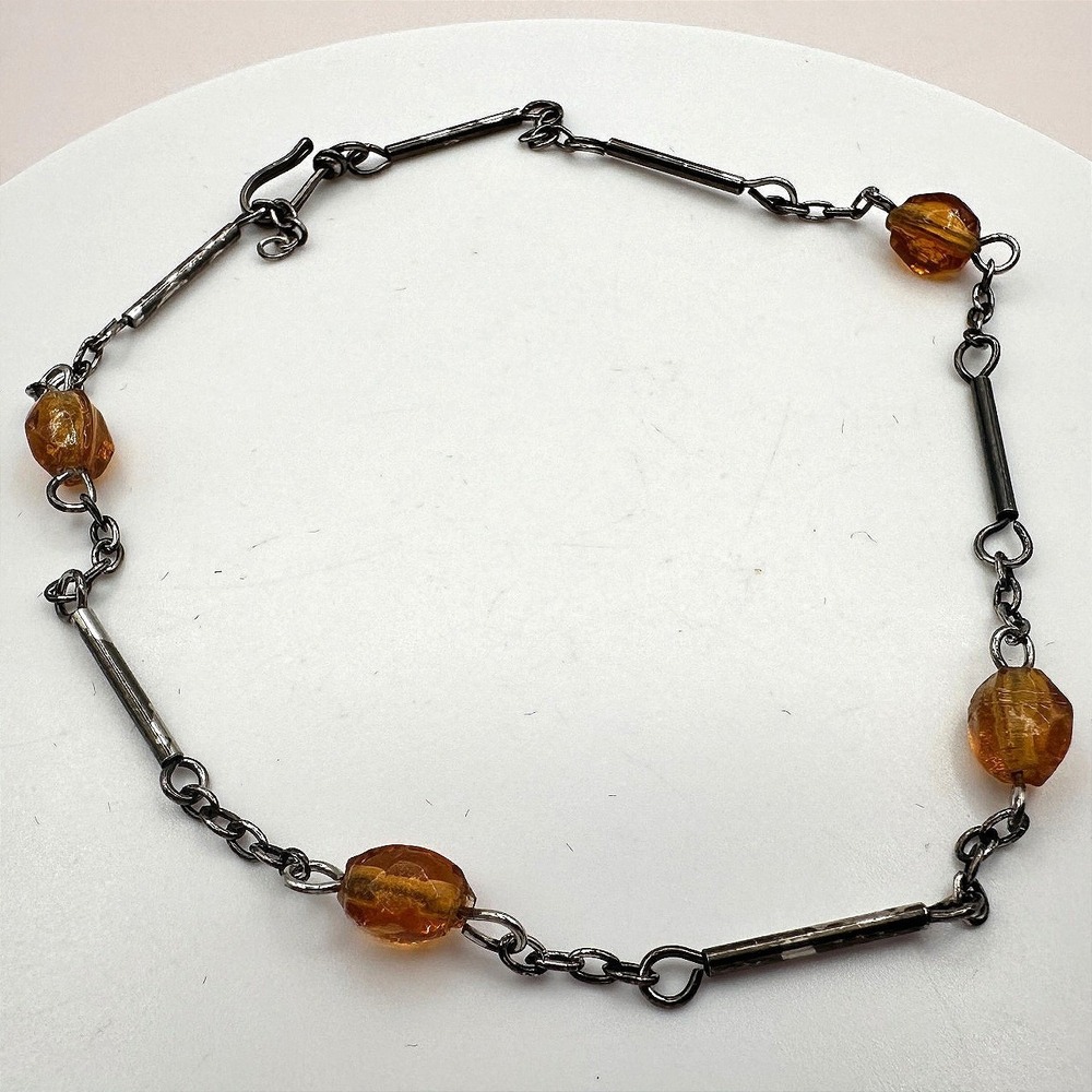 Vintage 90s Amber Beaded Bar Link Chain Bracelet Bronze Tone Women's Jewelry